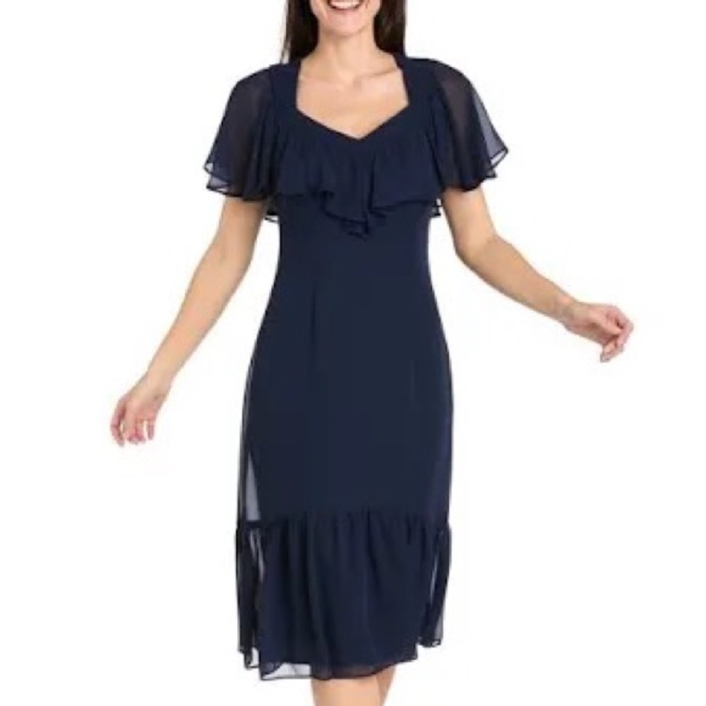 R&M RICHARDS: NAVY BLUE CHIFFON WITH SATIN WAISTBAND KNEE LENGTH DRESS SIZE 8